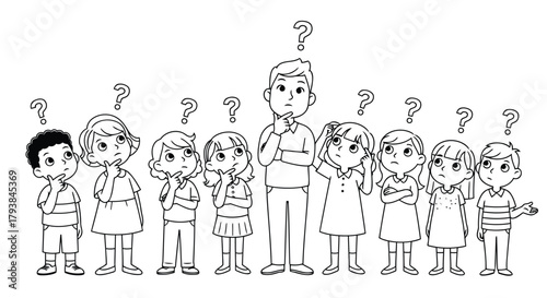 Confused teacher standing with students holding question marks above their heads in cartoon style