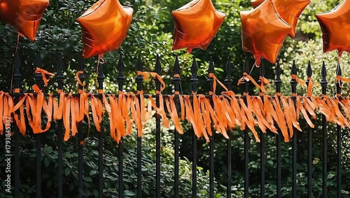 Orange ribbons and star-shaped balloons tied to a black iron fence, blowing in the wind, symbolizing awareness or memorial.