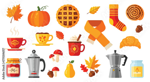 Colorful autumnthemed icons and illustrations with pumpkins, leaves, and cozy items