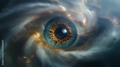 Close-up of a human eye with a vibrant blue and gold iris, surrounded by swirling, ethereal clouds and cosmic patterns, creating a mystical and visionary atmosphere.