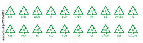 Collection of plastic recycling icons. Set of recycled plastic vector in triangle shape green color. Icon set of hdpe, pp, pet, ldpe and pvc. Ecological recycling code. Flat style