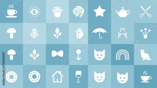 Minimalist icons set featuring various objects and symbols, rendered in a clean and simple style with a light blue palette