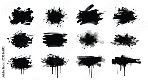 Collection of abstract black ink splatter and brush stroke textures
