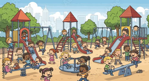 Colorful playground scene with children playing on slides, swings, and climbing structures in a park