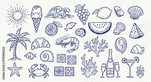 Handdrawn summer and beachthemed icons including sun, ice cream, fruits, and seafood