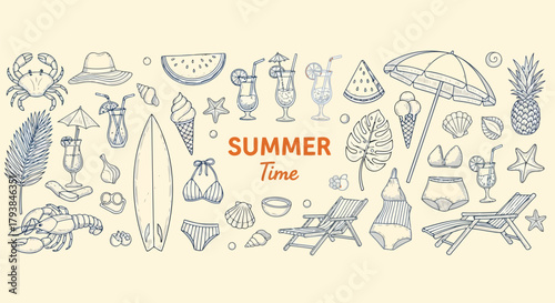 Colorful summer time illustration with beach, travel, and tropical elements