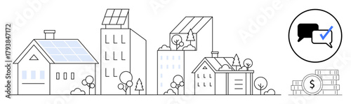 Residential and urban buildings with solar panels, trees, and energy-efficient designs. Speech bubbles with a check mark and money stack highlight communication, savings, and sustainability. Ideal