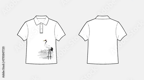 Classic white polo shirt with crane illustration, , offering a timeless and sophisticated look for any occasion