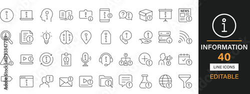 Information 40 editable line icons pack. Info, help desk, customer support, call center, knowledge base, question mark, and more icons.