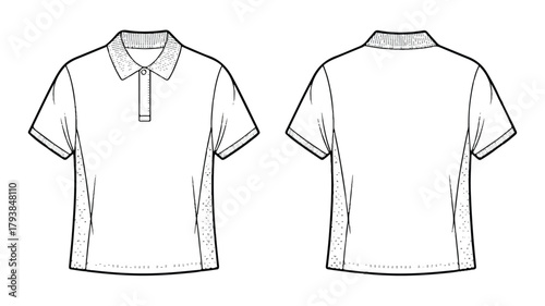 Front and back view of a blank polo shirt, showcasing its design and style for customization and apparel design purposes
