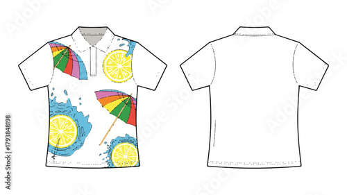 Front and back view of a polo shirt with lemon and umbrella pattern, perfect for summer fashion and unique apparel design