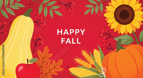 Colorful Happy Fall Harvest Seasonal Vector Illustration Background Design