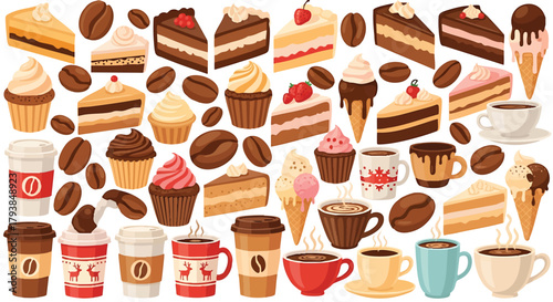 Delicious Coffee and Cake Cartoon Vector Illustration Seamless Background Pattern