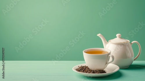 Cup of tea on a green background with a kettle and dried tea leaves resting on a saucer for a calming ambiance