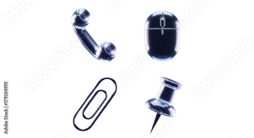 Essential office accessories phone mouse clip and push pin icons set