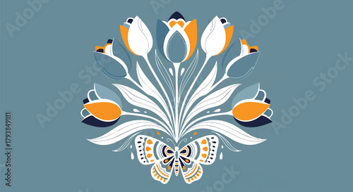 Elegant Floral Arrangement with Butterfly in Blue Orange and White Design