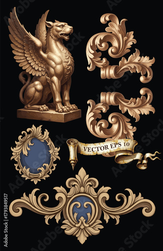 Set of ornate baroque elements featuring a winged griffin statue, scroll flourishes, decorative frames, and vintage banner.