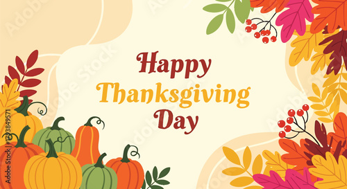 Festive Happy Thanksgiving Day vector design with autumn leaves and pumpkins