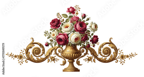 Elegant vintage floral bouquet in classic vase with roses, lilies, and leaves, painted in soft warm tones.
