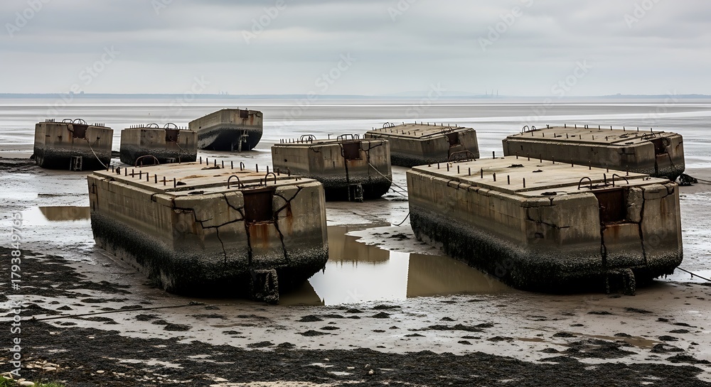 Fototapeta premium Mulberry Harbour Remains - Concrete Caissons on Arromanches Beach, Normandy.