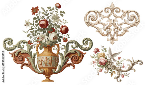 Elegant baroque floral composition featuring ornate vase, blooming roses, scrolling acanthus leaves, and a graceful dove.