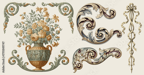 Floral decorative vector elements set, rococo and baroque style, vintage royal details. engraving illustration set