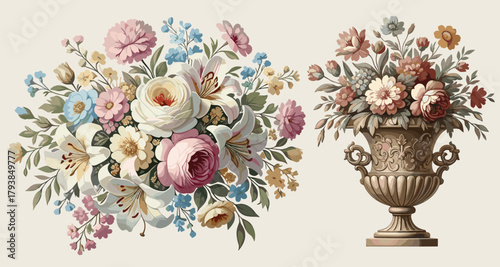 Elegant vintage floral bouquet in classic vase with roses, lilies, and leaves, painted in soft warm tones.