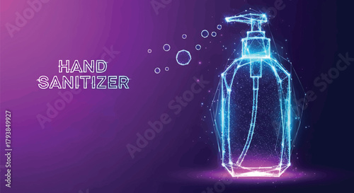 Hand sanitizer futuristic illustration on purple background concept of hygiene protection
