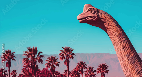 Giant dinosaur statue standing tall over palm trees against bright sky