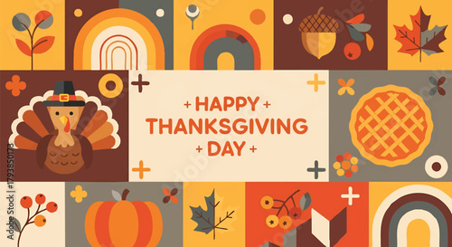 Happy Thanksgiving Day graphic illustration with turkey and autumn elements