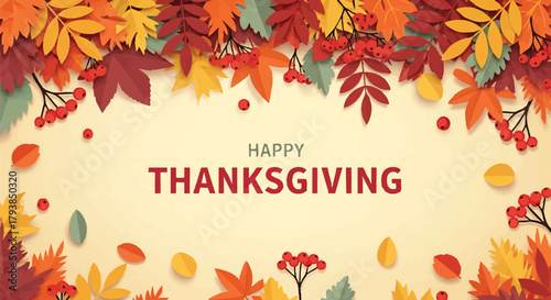 Happy Thanksgiving greeting card with autumn leaves and berries background