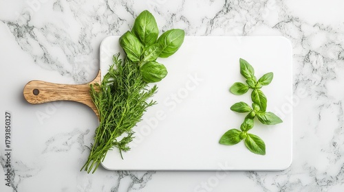 Fresh Herbs on White Cutting Board with Marble Background for Culinary Inspiration and Cooking Needs