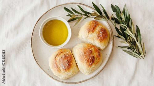 Freshly Baked Bread Rolls with Olive Oil and Olive Branch on a Rustic Table Setting
