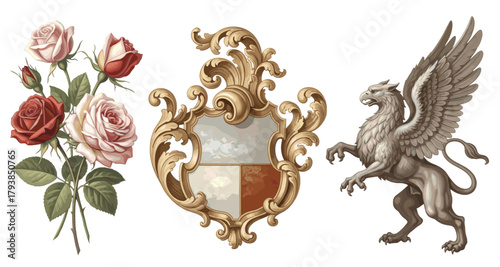 Set of ornate baroque elements featuring a winged griffin statue, scroll flourishes, decorative frames, and vintage banner.