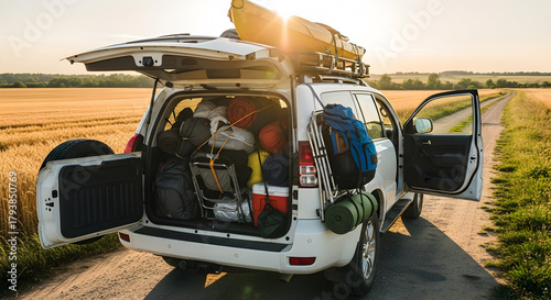 Fully Packed SUV Ready for Adventure in a Golden Field.