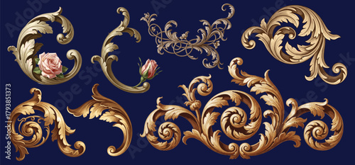 Luxurious baroque floral ornaments with gold acanthus scrolls and pink roses on dark blue background, elegant design.
