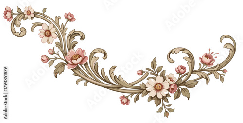 Elegant baroque floral elements featuring detailed roses, swirling acanthus ornaments, and vintage botanical styling in rich colors.