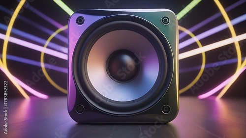 Dynamic Speaker with Vibrant Neon Light Trails in a Dark Studio.