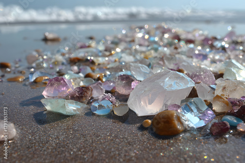 Fototapeta Naklejka Na Ścianę i Meble -  a bunch of crystals on a beach near the ocean