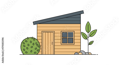 Stylized garden shed illustration with a minimalist aesthetic showcasing natural landscaping elements creating a peaceful and serene scene