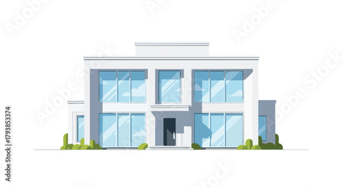 Stylish White Modern House Illustration with Large Windows and Minimalist Design against a Plain Background