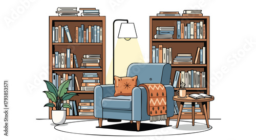 A cozy reading corner with bookshelves, armchair, lamp, and decorations provides a relaxing indoor space for literature appreciation and quiet