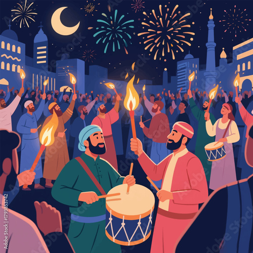 Muslims Celebrate Fireworks Festival Illustrator Artwork Banner Background Design Template 