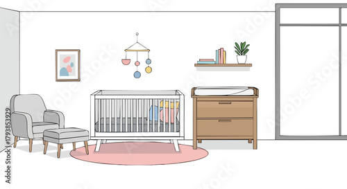 Elegant nursery interior sketch with soft lighting and harmonious color palette showcasing modern design principles for child care spaces