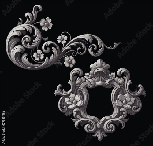 Luxurious baroque floral ornaments with gold acanthus scrolls and pink roses on dark blue background, elegant design.