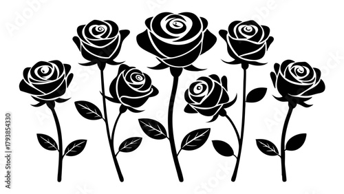 A collection of black rose silhouettes with stems and leaves on a