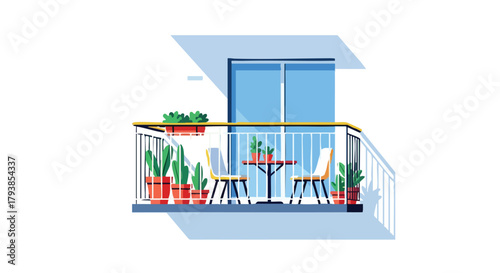 Charming balcony with potted plants and seating arrangement, a tranquil urban oasis with a cozy ambiance and vibrant greenery, inviting relaxation