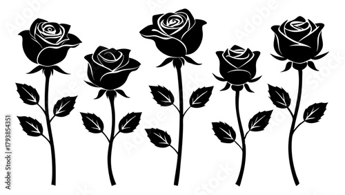Five distinct black rose outlines with leaves and stems, isolated on a, perfect for decorative or symbolic use