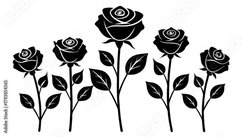 A group of five stylized black rose silhouettes with detailed petals and leaves, presented on a clean, evoking classic elegance