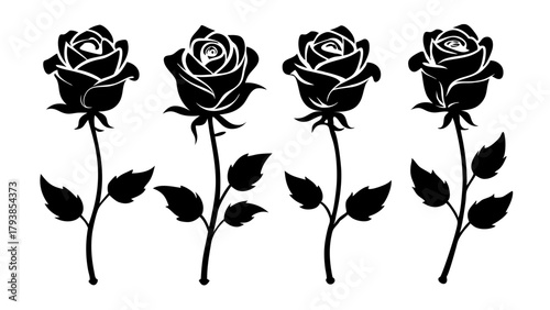 Four black rose silhouettes with leaves and stems